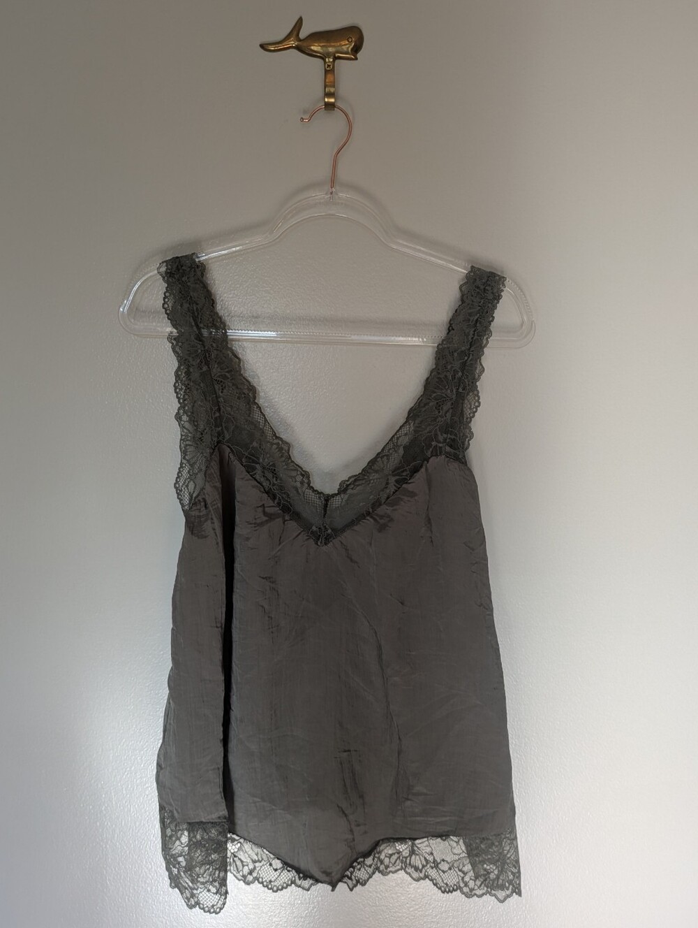 Free People Lace Trim Satin Camisole Oversized Gray Green XS
